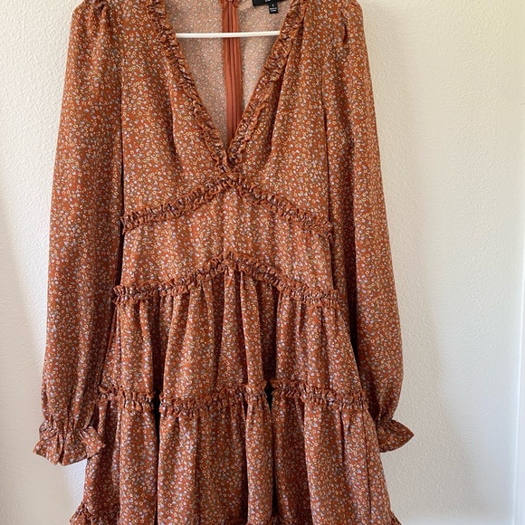 Lulu’s Orange Floral Ruffled Long Sleeve Dress - Picture 3 of 14